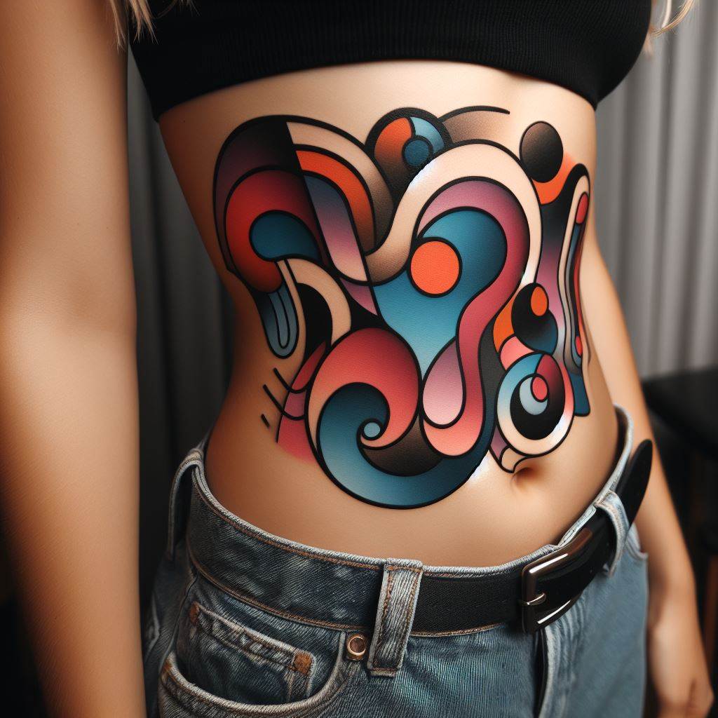 A bold, abstract tattoo on the ribcage, combining shapes and colors in a unique design that represents personal creativity and individuality.
