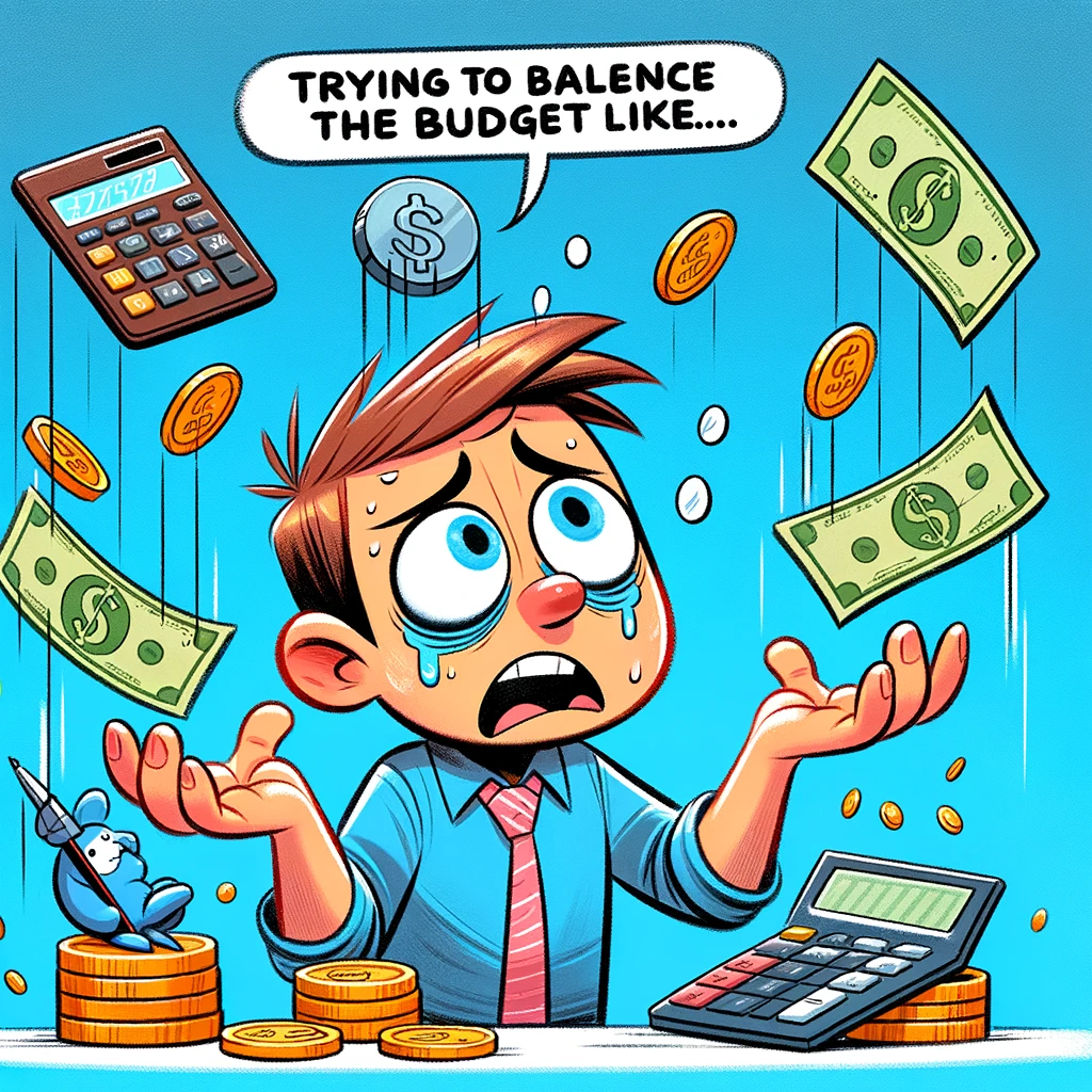 A cartoon character juggling coins, dollar bills, and a calculator, with a bewildered look on their face. The caption reads: 'Trying to balance the budget like...'
