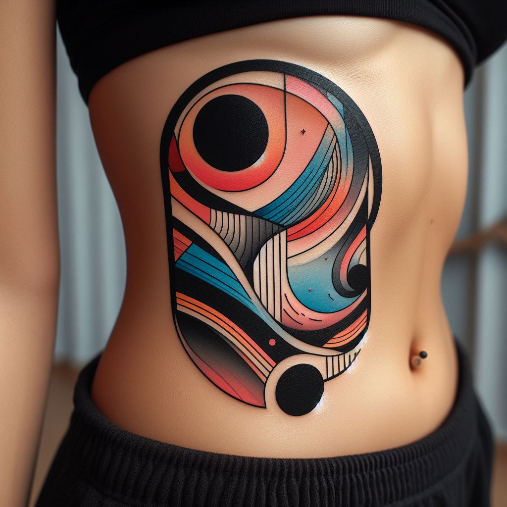 A bold, abstract tattoo on the ribcage, combining shapes and colors in a unique design that represents personal creativity and individuality.