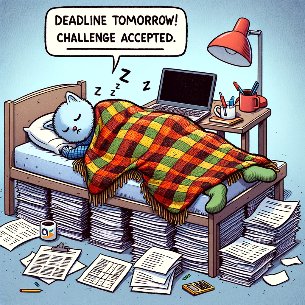 A cartoon of a person sleeping on a pile of paperwork with a blanket made of spreadsheets. The caption reads: 'Deadline tomorrow? Challenge accepted.'