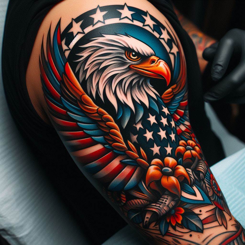 A traditional American style eagle tattoo on the bicep, showcasing vibrant colors and bold lines, symbolizing freedom and strength.