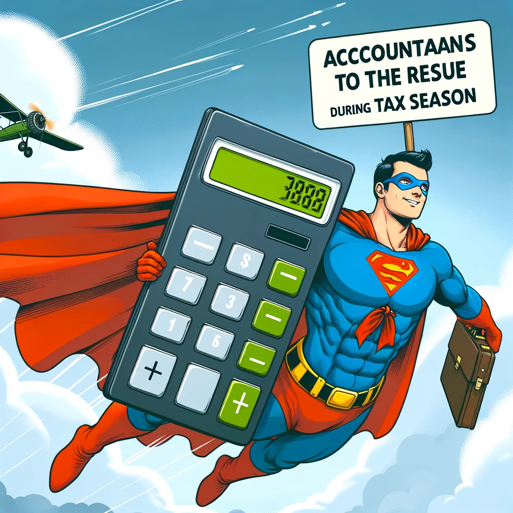 A superhero with a cape, flying through the sky holding a giant calculator and a briefcase. The caption reads: 'Accountants to the rescue during tax season.'
