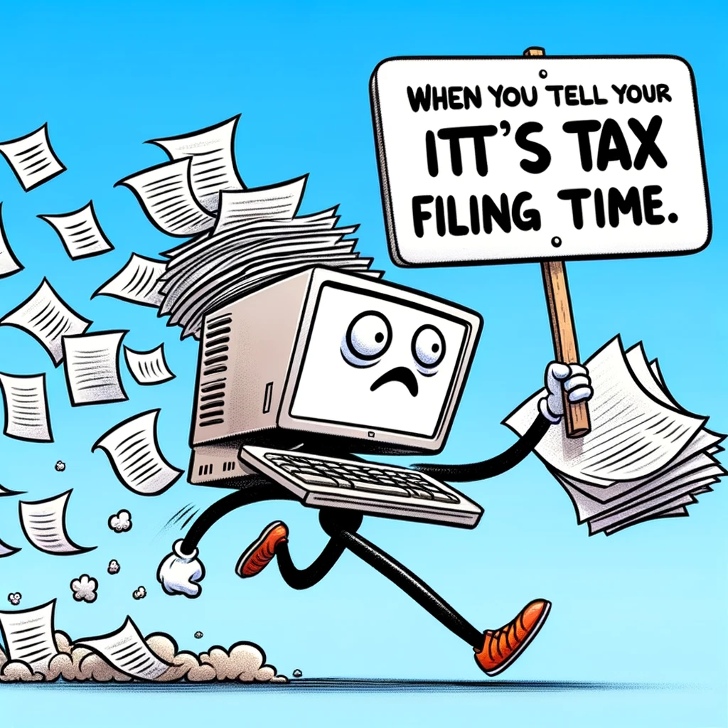 A cartoon of a computer with arms and legs, running away from a pile of tax documents. The caption reads: 'When you tell your computer it's tax filing time.'