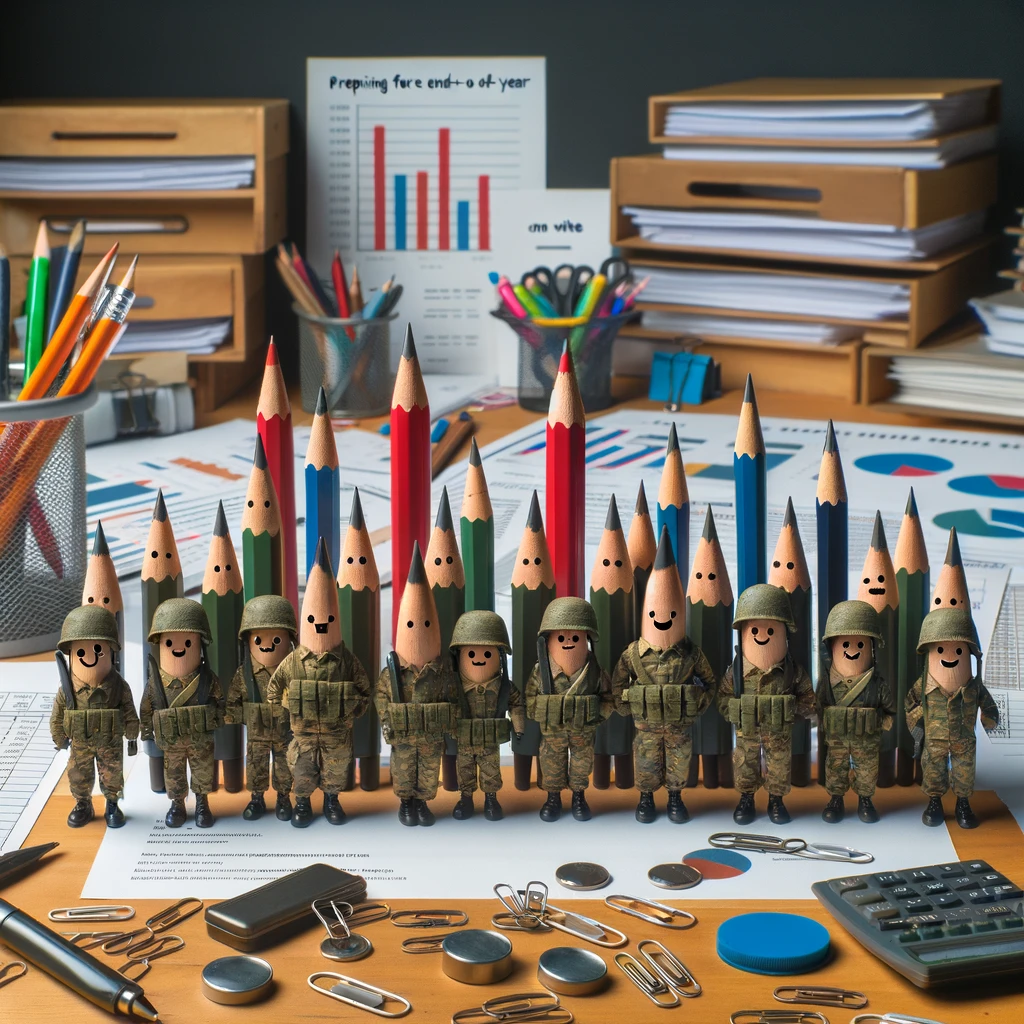 A group of pencils and pens dressed as soldiers, marching across a desk cluttered with papers and charts. The caption reads: 'Preparing for the end-of-year financial review like an army.'