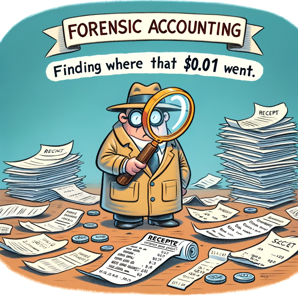 A cartoon of a person surrounded by papers and holding a magnifying glass over a receipt, with a detective hat. The caption reads: 'Forensic accounting: Finding where that $0.01 went.'