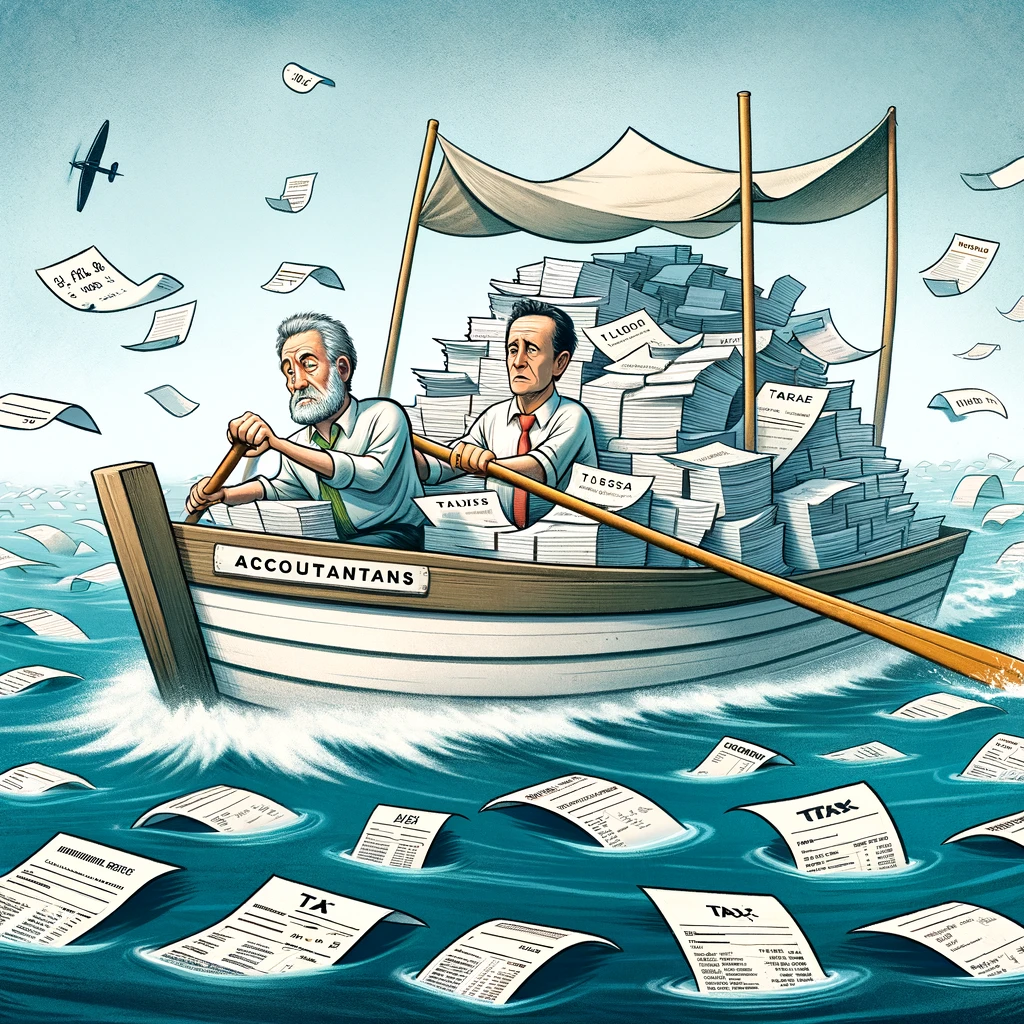 A cartoon of two accountants in a boat made of tax forms and receipts, rowing through a sea of paper. The caption reads: 'Navigating through the sea of paperwork.'