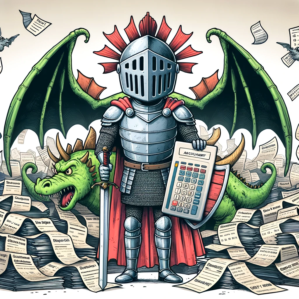 A cartoon of an accountant wearing a helmet and armor, holding a shield and calculator, standing in front of a dragon made of receipts and tax forms. The caption reads: 'Battling the tax season dragon.'