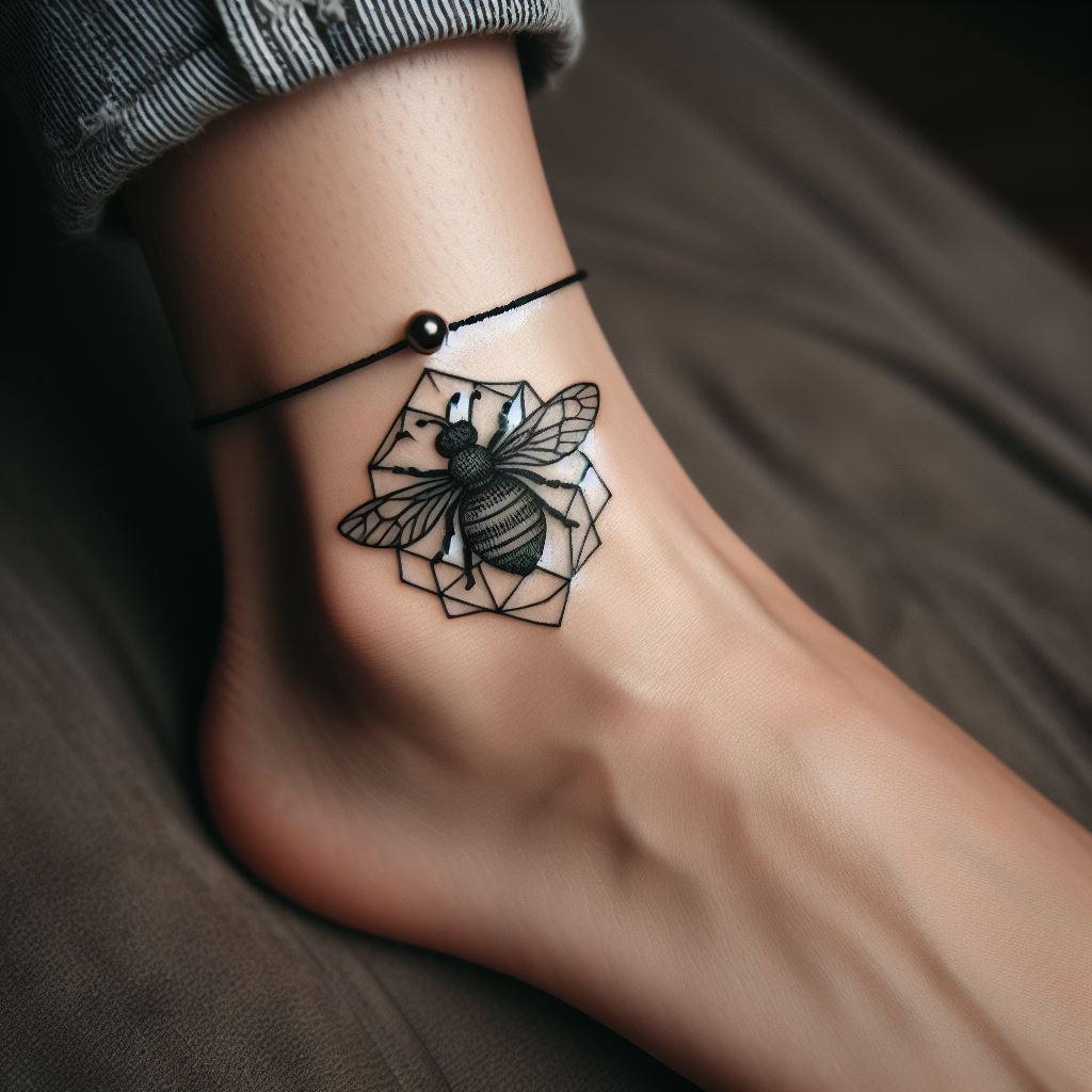 A small, geometric bee tattoo on the ankle, symbolizing community, diligence, and the importance of teamwork, with precise lines and symmetry.