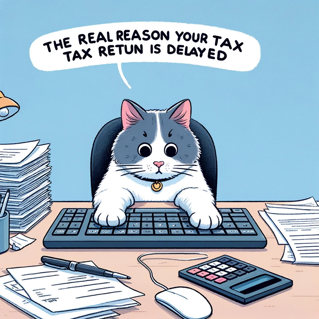 A cartoon of a cat sitting on a keyboard, with papers and a calculator nearby. The caption reads: 'The real reason your tax return is delayed.'