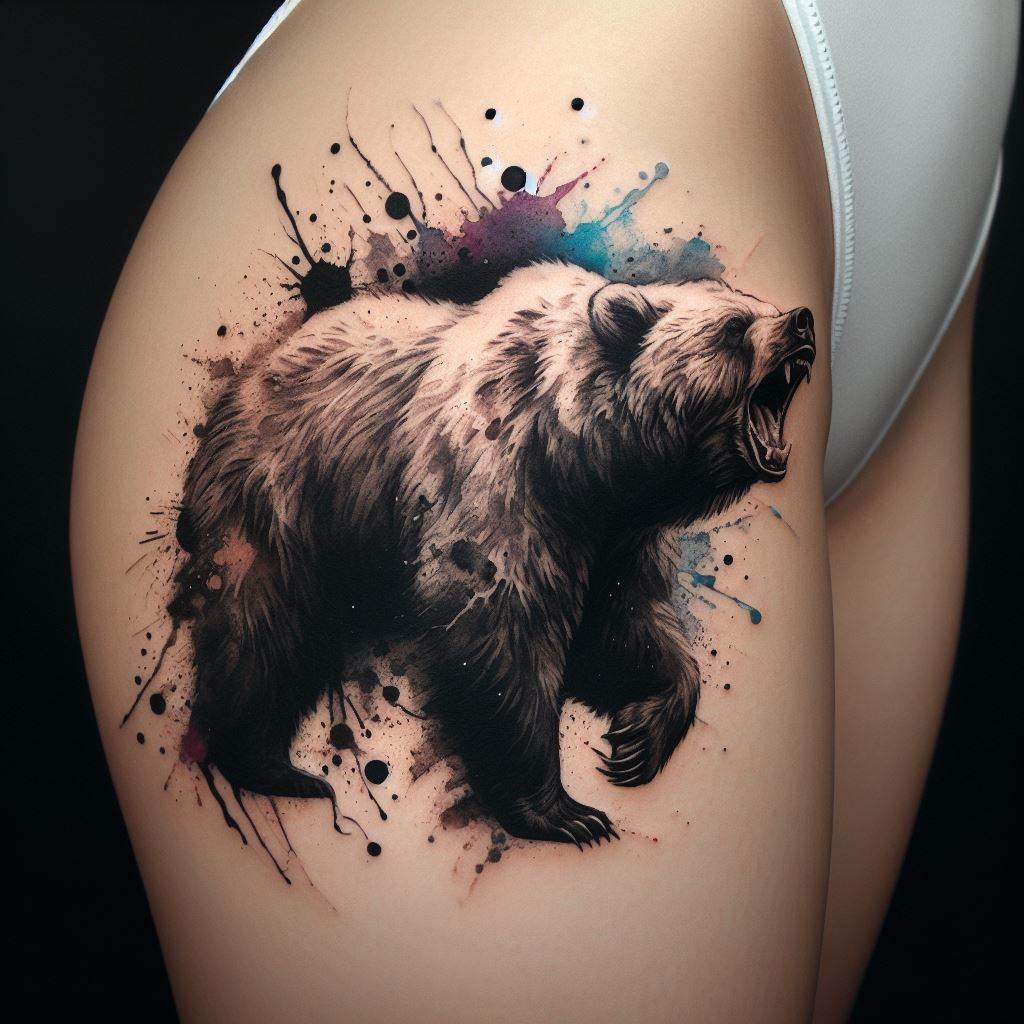 A tattoo of a bear caught in mid-roar, its figure dominating the outer thigh. Surrounding it are splashes of watercolor-style ink blots, suggesting the bear's raw energy and power. This design merges the fierceness of the animal with artistic expression, making a bold statement that resonates with the wearer's inner strength and untamed spirit.