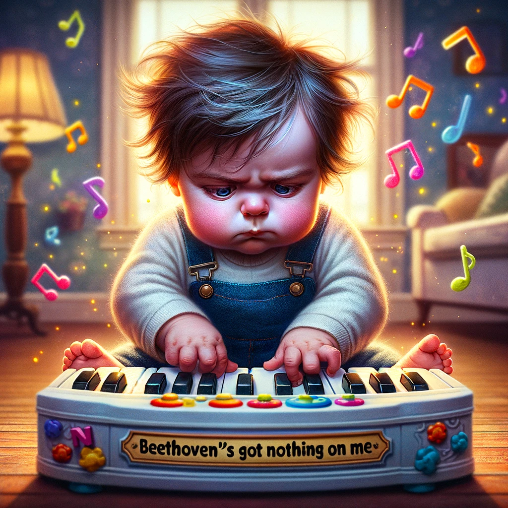A whimsical scene of a baby sitting in front of a toy piano, randomly hitting keys with an intensely focused expression as if deeply engrossed in composing a masterpiece. The baby's concentration is palpable, mirroring the seriousness of a classical music composer. Around the baby, colorful musical notes seem to float in the air, adding to the magical atmosphere of the moment. The background is a cozy, warmly lit room, suggesting a creative and nurturing environment. Below this charming depiction, the caption in a playful font reads: 'Beethoven's got nothing on me.' The image captures the humor and adorableness of the baby's musical exploration.