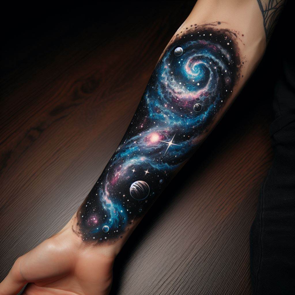 A cosmic, galaxy tattoo on the forearm, with stars, planets, and nebulae in a swirling design, symbolizing the vastness of the universe and a sense of wonder.