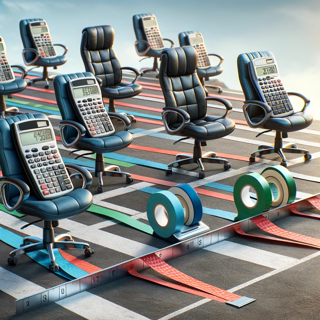 A group of office chairs racing towards a finish line made of tape dispensers, with calculators as drivers. The caption reads: 'Racing to meet the financial year-end deadlines.'