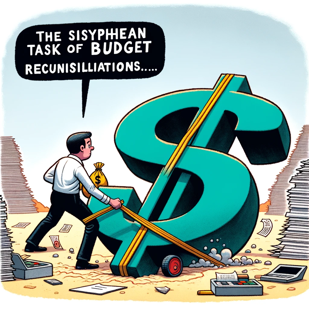 A cartoon of a tiny accountant pushing a giant dollar sign up a hill, with a mountain of paperwork in the background. The caption reads: 'The Sisyphean task of budget reconciliations.'