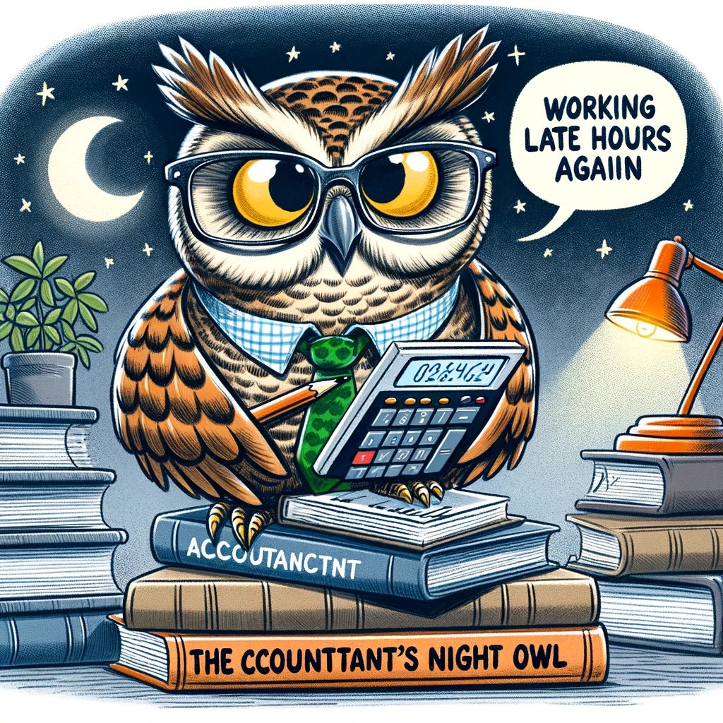 A cartoon of an owl wearing glasses and holding a calculator, perched on a pile of financial books. The caption reads: 'Working late hours again, the accountant's night owl.'