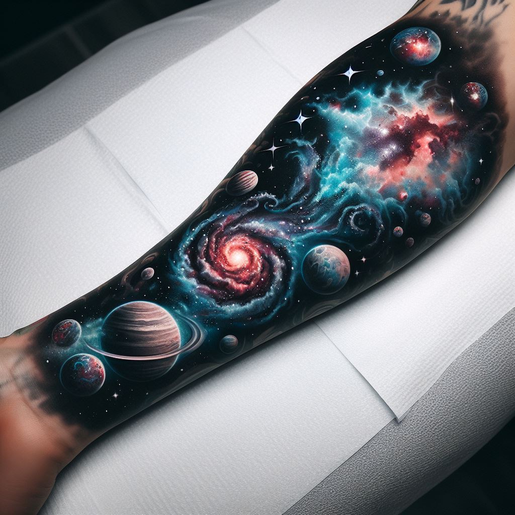 A cosmic, galaxy tattoo on the forearm, with stars, planets, and nebulae in a swirling design, symbolizing the vastness of the universe and a sense of wonder.