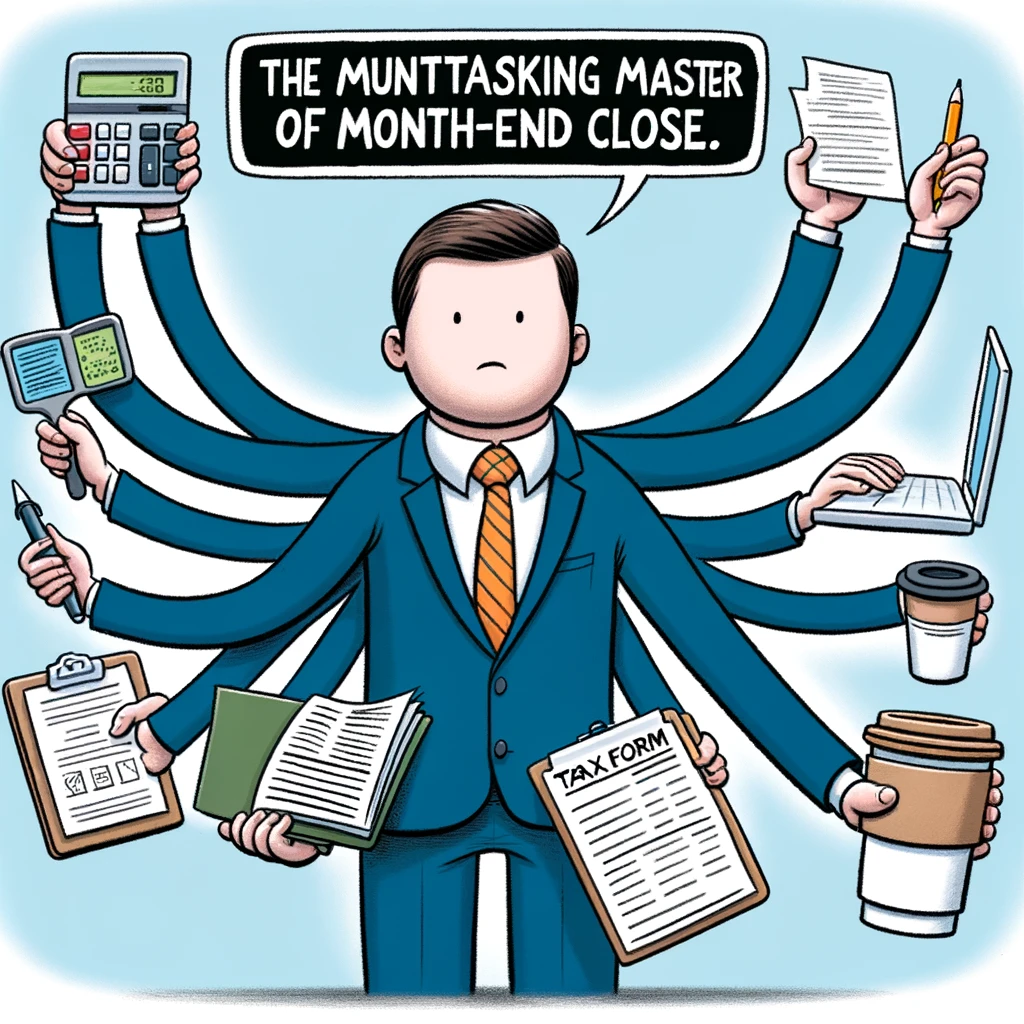 A cartoon of a person with multiple arms, each holding a different financial document or tool (calculator, spreadsheet, tax form, coffee cup). The caption reads: 'The multitasking master of month-end close.'