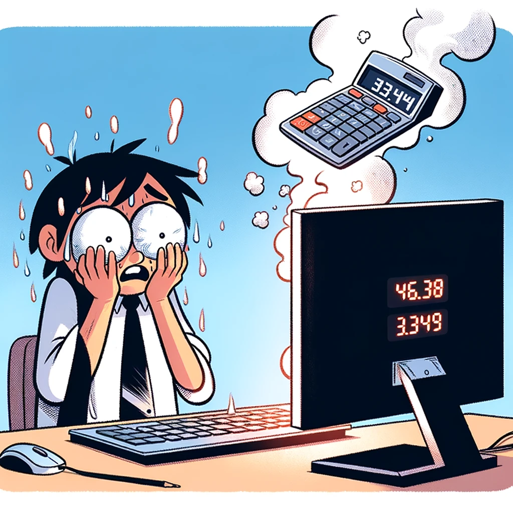 A cartoon of a person looking shocked while their computer screen shows a calculator with smoke coming out of it. The caption reads: 'When you crunch the numbers a little too hard.'