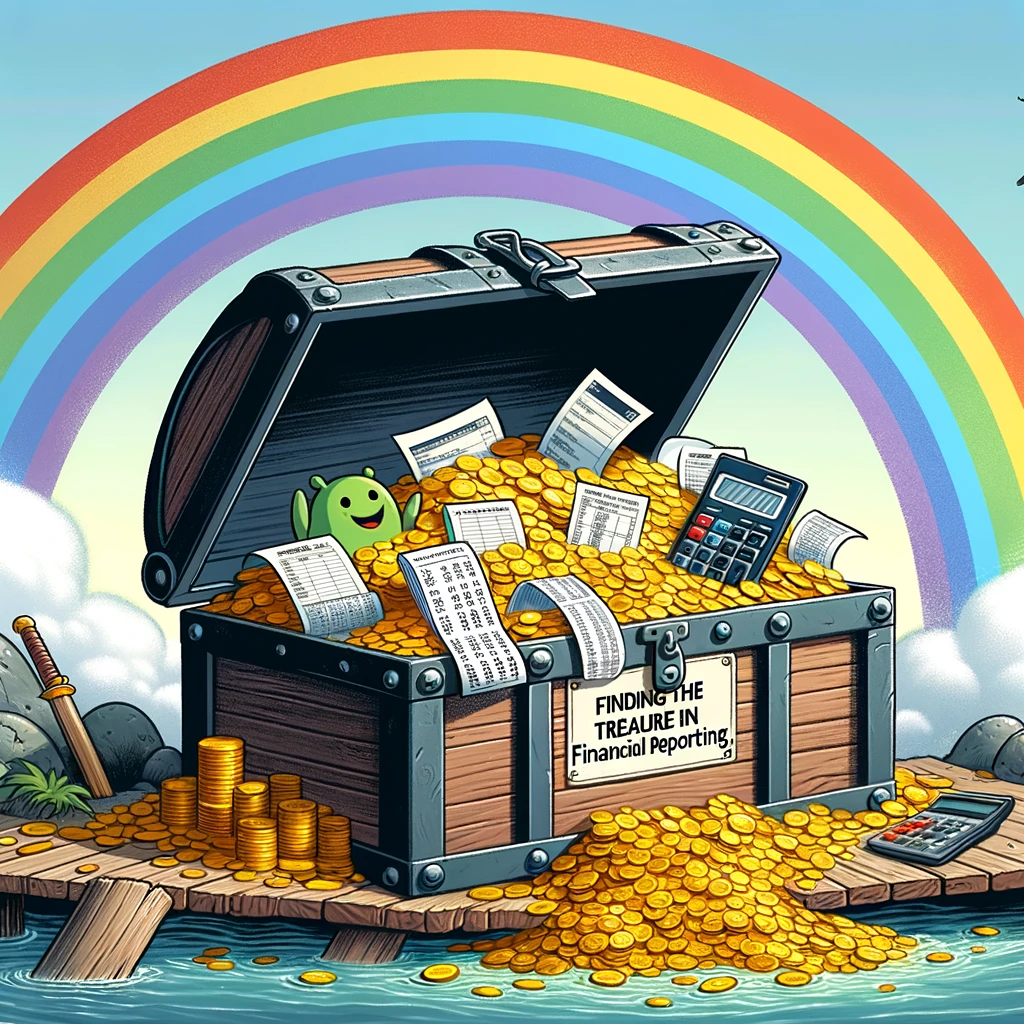 A cartoon of a treasure chest overflowing with tax forms, calculators, and spreadsheets instead of gold, located at the end of a rainbow. The caption reads: 'Finding the treasure in financial reporting.'