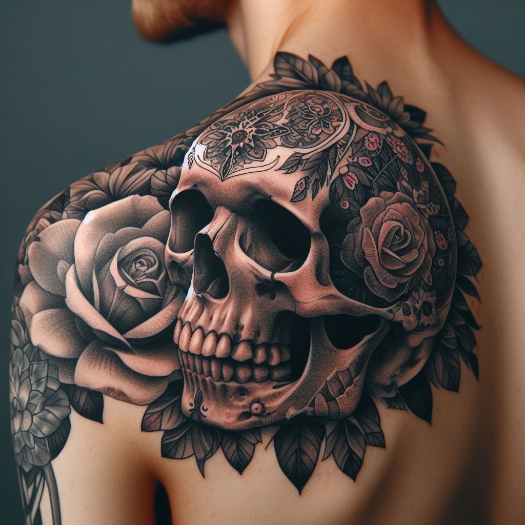 A detailed, skull tattoo on the shoulder, incorporating floral or geometric elements, symbolizing the juxtaposition of life and death.