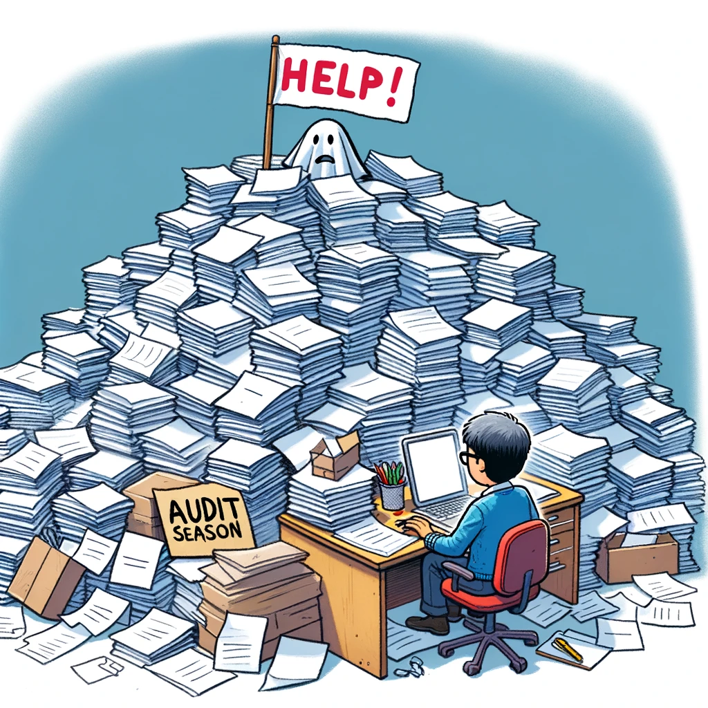 A cartoon of a person sitting at a desk surrounded by mountains of paper, with a small flag on top of one pile that reads: 'Help!'. The caption reads: 'Audit season has arrived.'