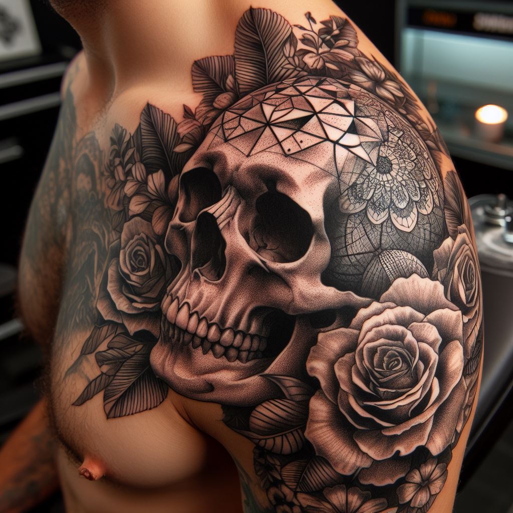 A detailed, skull tattoo on the shoulder, incorporating floral or geometric elements, symbolizing the juxtaposition of life and death.