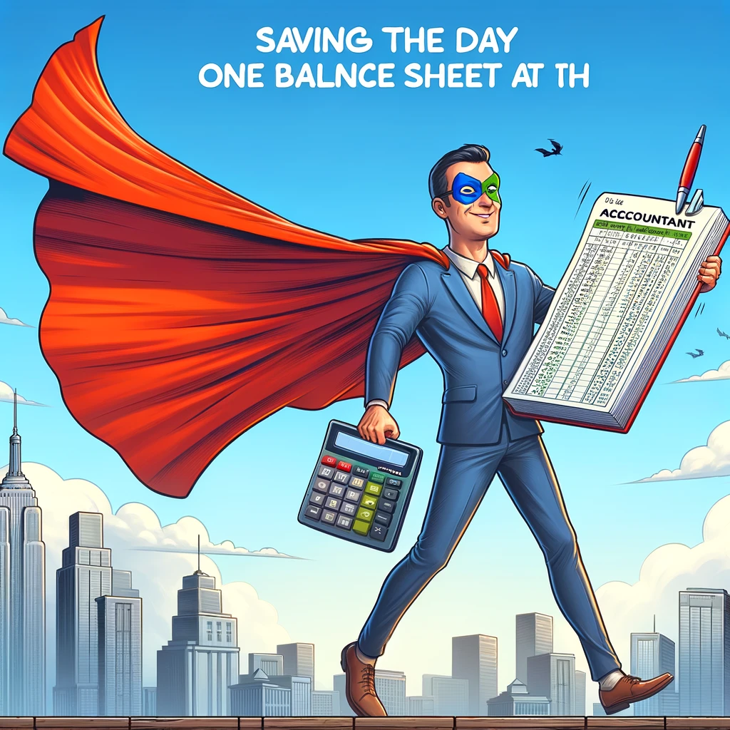 A cartoon of an accountant with superhero cape, flying above the city holding a giant ledger book. The caption reads: 'Saving the day one balance sheet at a time.'