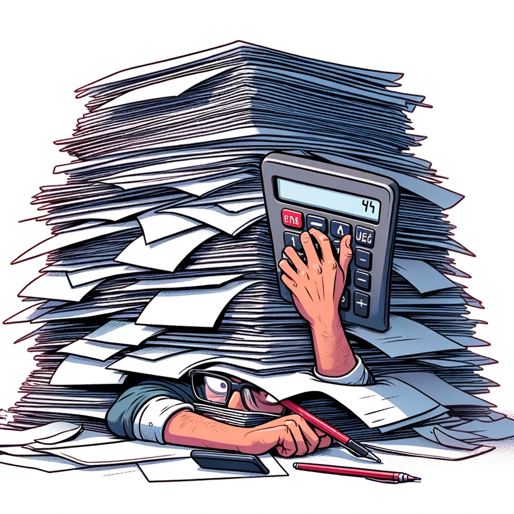 A cartoon of a person buried under a pile of papers, with just their hand sticking out holding a calculator. The caption reads: 'The final push before the deadline.'