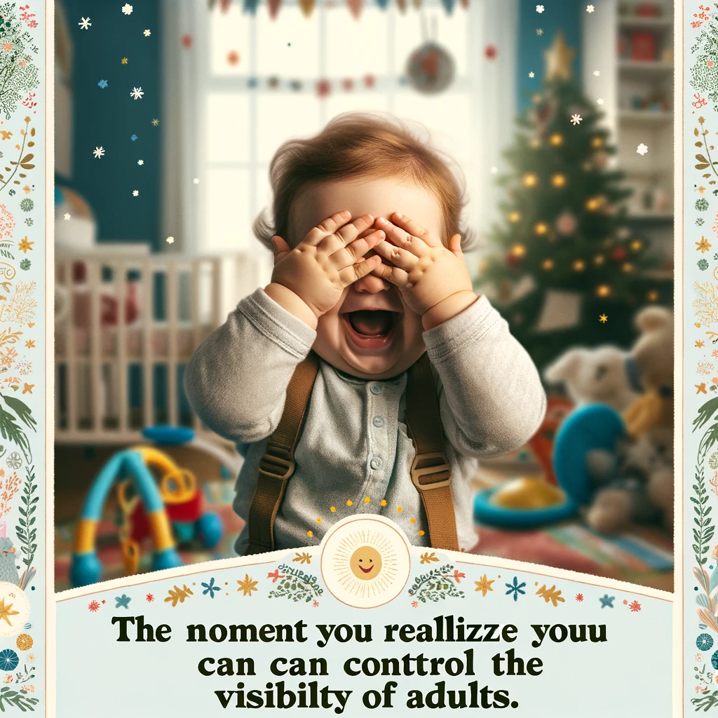 A heartwarming scene of a baby laughing hysterically with hands covering their eyes during a game of peek-a-boo. The baby's joy is infectious, and the moment captures the pure magic of this simple game. The nursery room around the baby is bright and filled with toys, creating a backdrop of warmth and laughter. Below this delightful scene, the caption in a playful font reads: 'The moment you realize you can control the visibility of adults.' The image beautifully conveys the baby's amusement and discovery of peek-a-boo's timeless appeal.