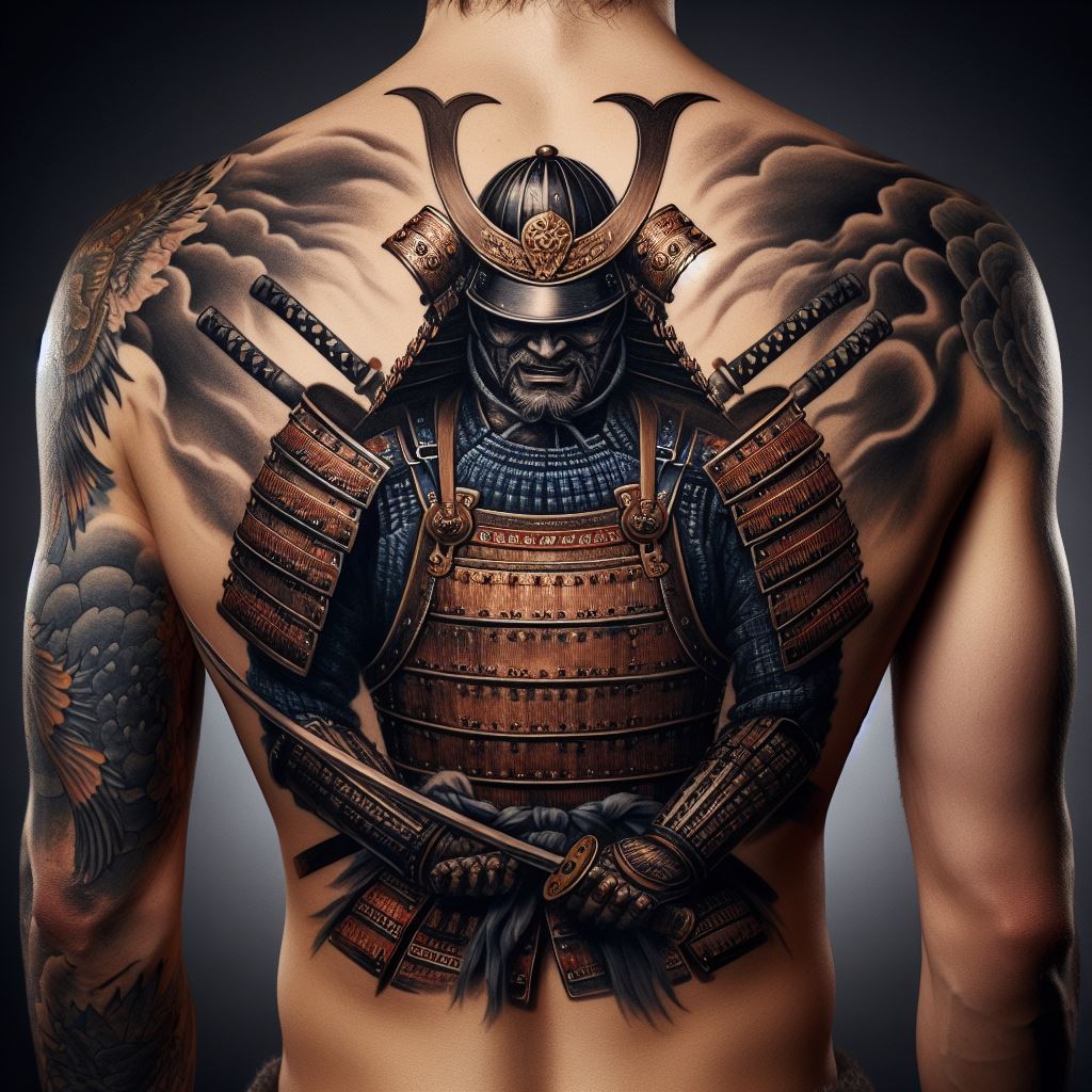 A fierce, samurai warrior tattoo on the back, detailed with traditional armor and weaponry, symbolizing honor, discipline, and the warrior spirit.