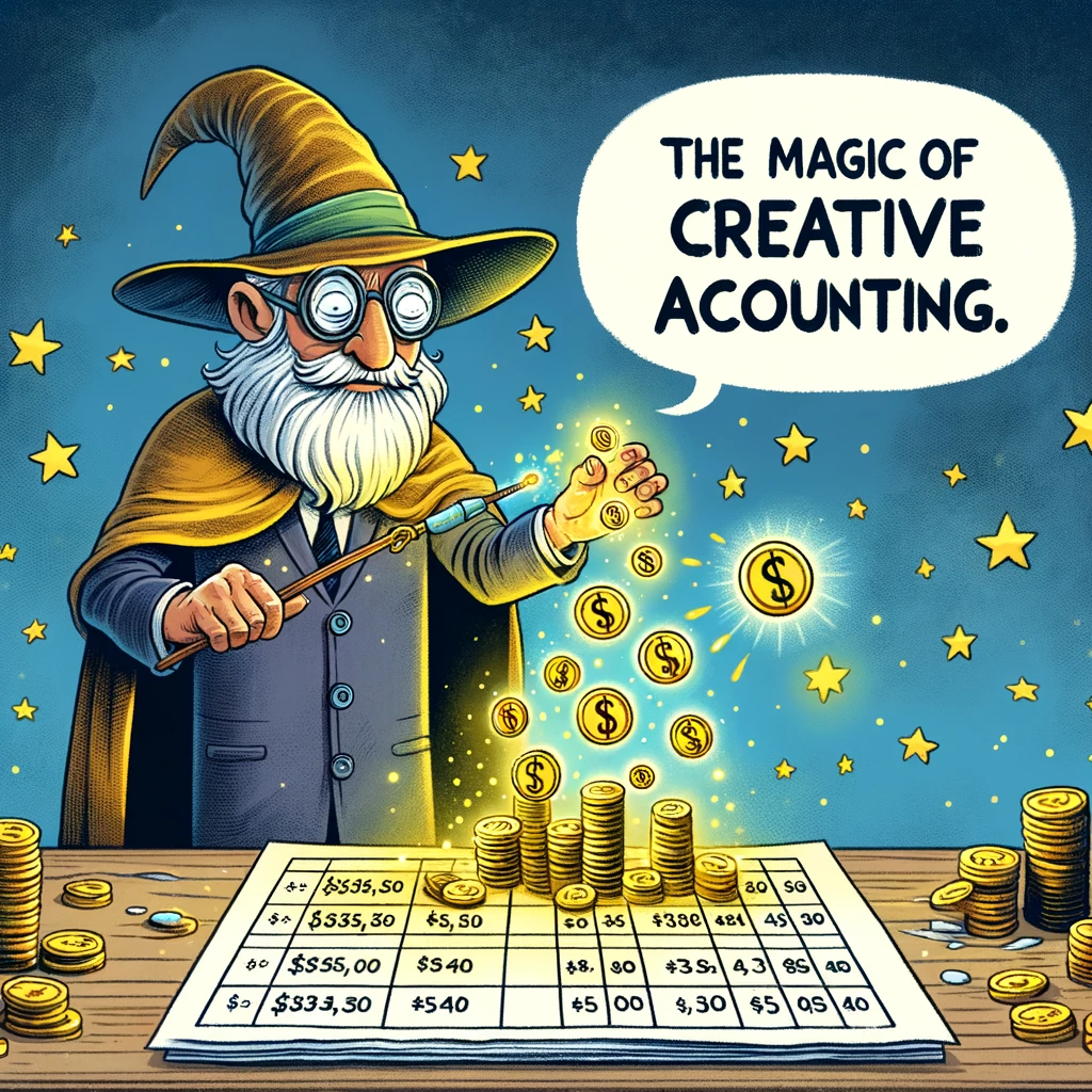 A cartoon of a wizard accountant casting spells over a ledger, turning numbers into gold coins. The caption reads: 'The magic of creative accounting.'