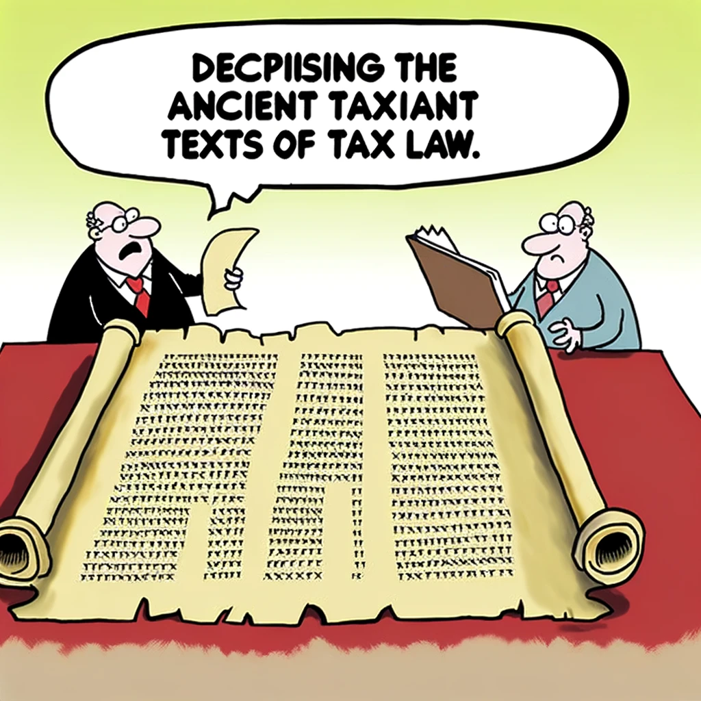A cartoon of an ancient scroll unrolled to reveal a complex tax code, with puzzled accountants studying it. The caption reads: 'Deciphering the ancient texts of tax law.'