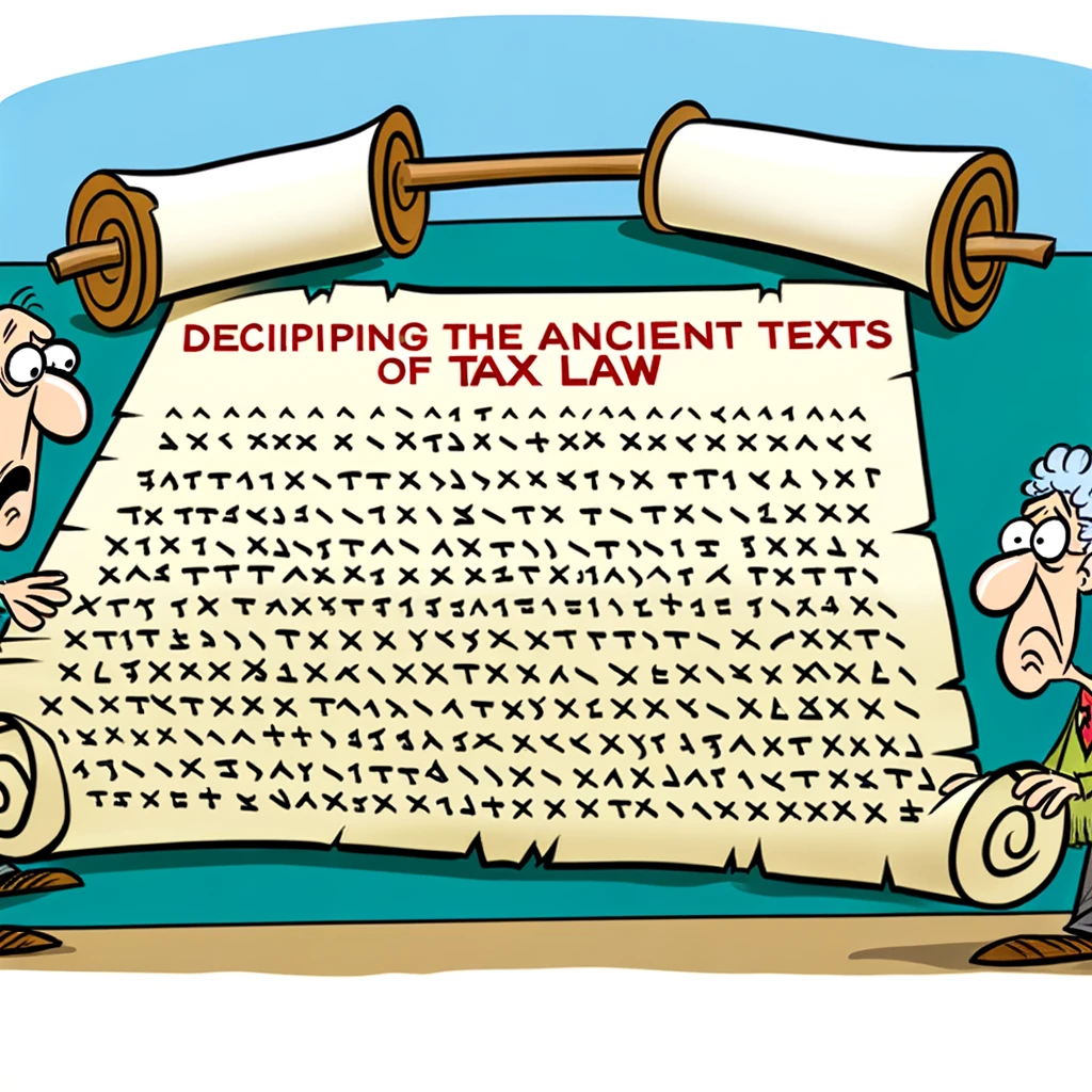A cartoon of an ancient scroll unrolled to reveal a complex tax code, with puzzled accountants studying it. The caption reads: 'Deciphering the ancient texts of tax law.'