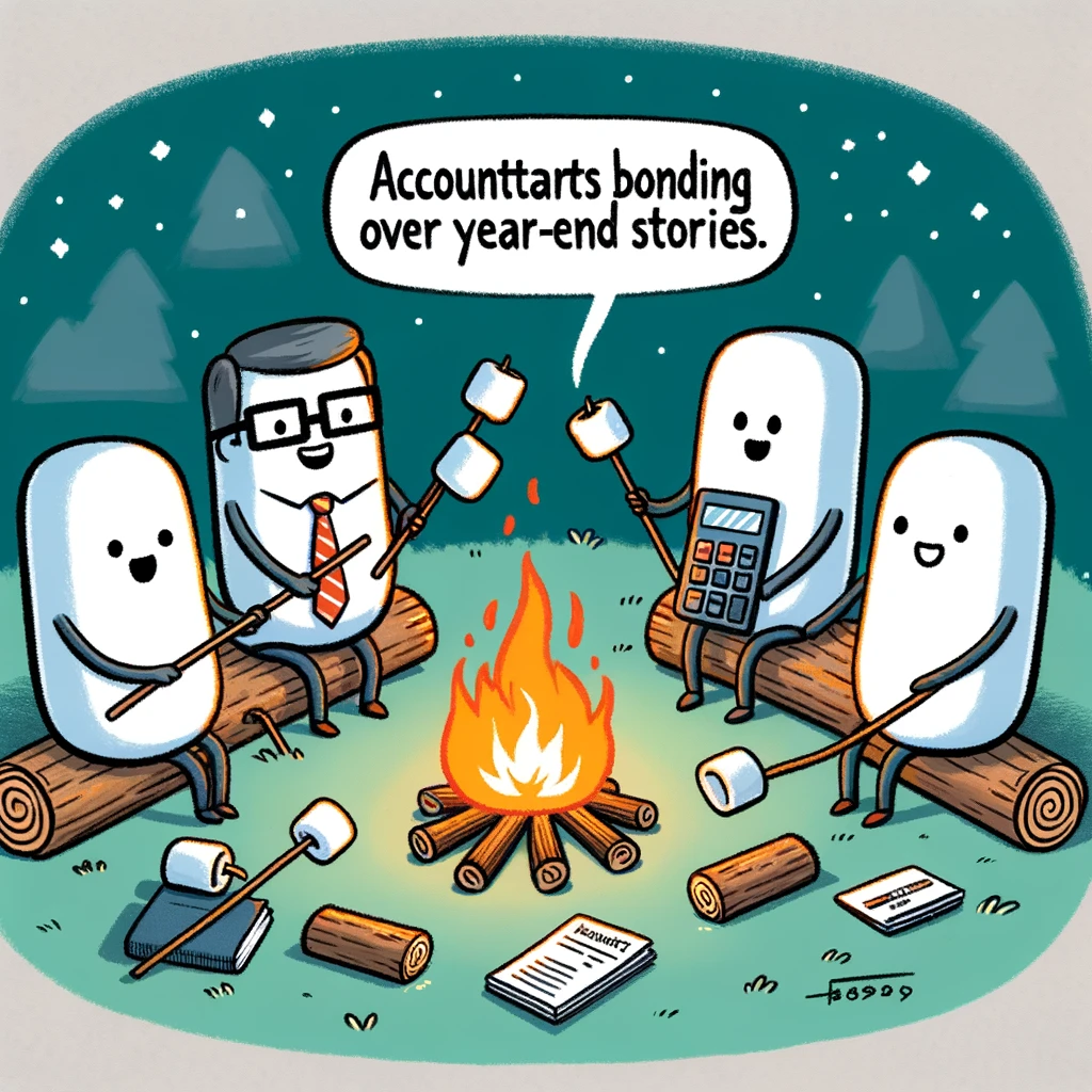 A cartoon of a group of accountants sitting around a campfire, roasting marshmallows on calculators. The caption reads: 'Accountants bonding over year-end stories.'