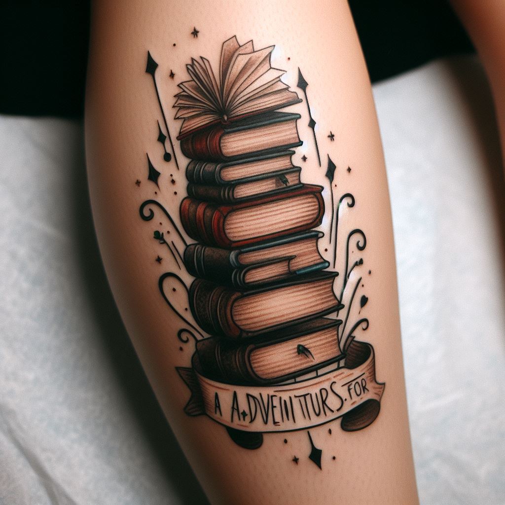 A whimsical, book-inspired tattoo on the calf, depicting stacked books, an open page, or a famous quote, symbolizing a love for reading and the adventures found in stories.