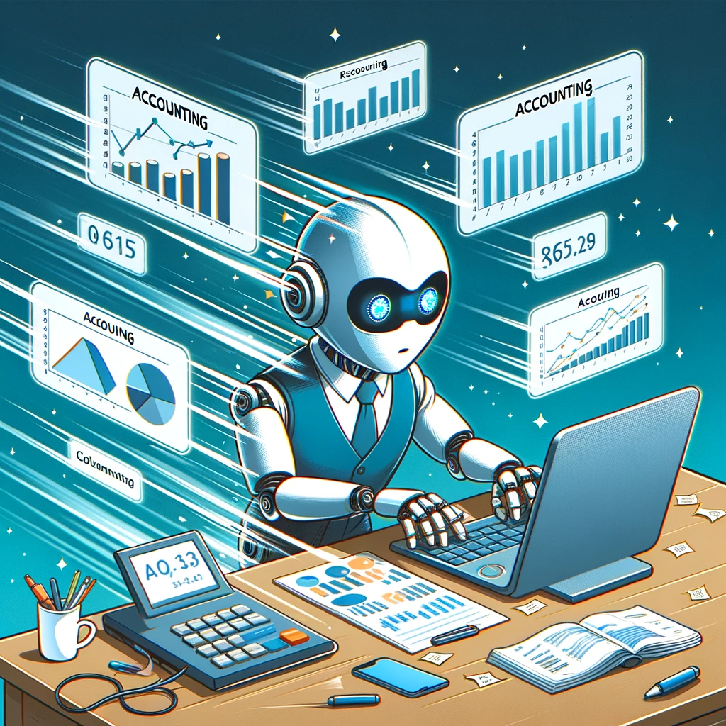 A cartoon of a robot accountant processing data at superhuman speed, surrounded by screens showing graphs and numbers. The caption reads: 'The future of accounting is here.'