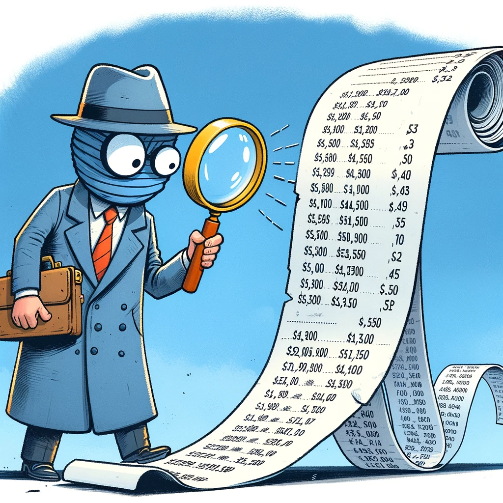 A cartoon of a detective with a magnifying glass examining a giant receipt, with a trail of numbers leading off into the distance. The caption reads: 'The case of the missing expenses.'