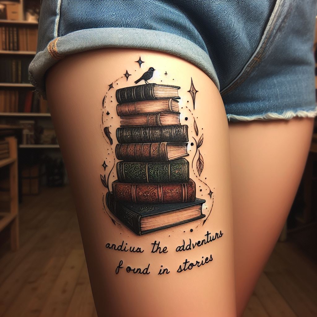 A whimsical, book-inspired tattoo on the calf, depicting stacked books, an open page, or a famous quote, symbolizing a love for reading and the adventures found in stories.