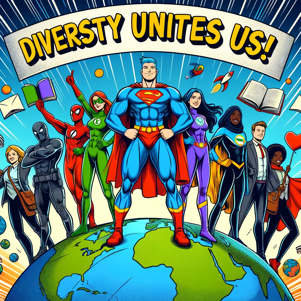A comic-style image of a group of diverse superheroes, each representing a different aspect of social justice and inclusion. They are standing heroically on top of a globe, with a banner above them that reads, "Diversity Unites Us!" The superheroes are depicted in vibrant, bold colors, with each character showcasing a unique power symbolizing their contribution to fighting for equality, such as a book for education, a heart for empathy, and a globe for environmental justice. The image is bright, uplifting, and conveys a message of unity and strength through diversity.