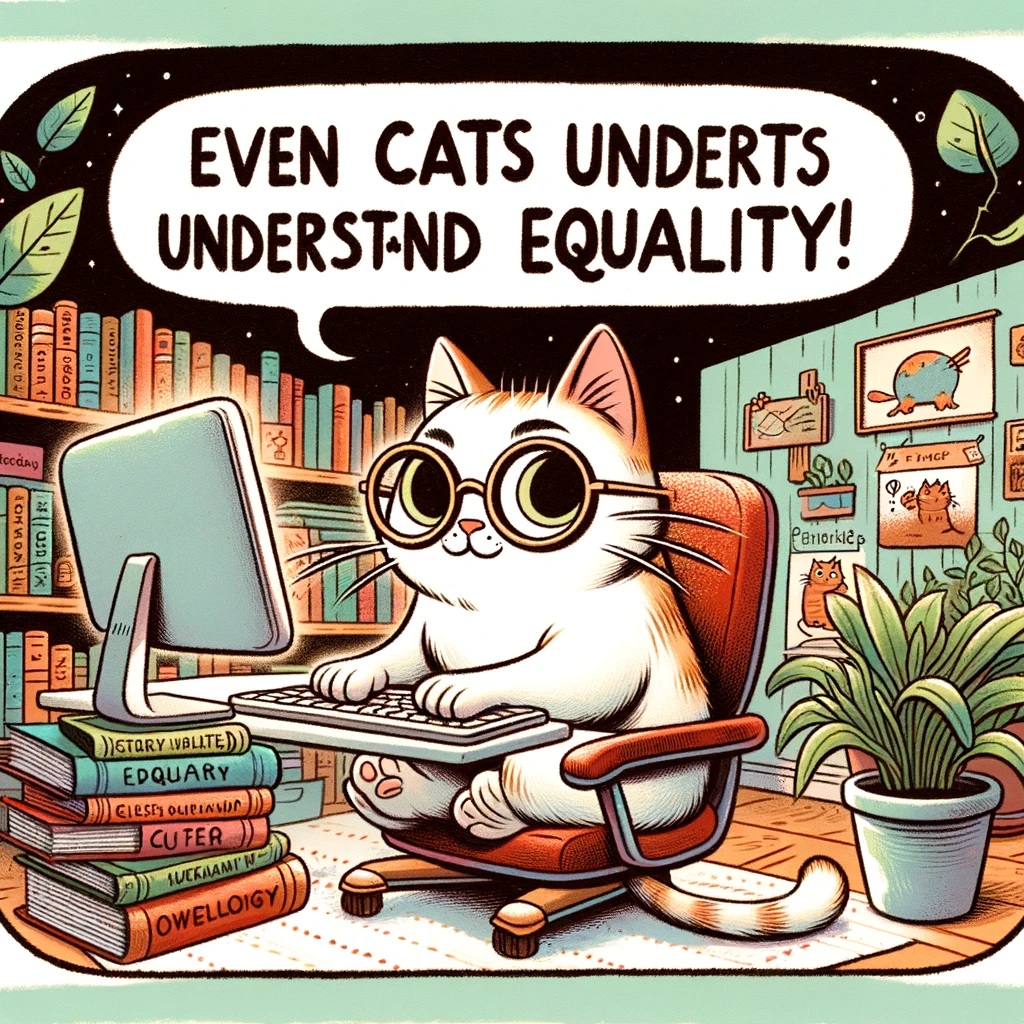 A whimsical illustration of a cat sitting at a computer, wearing glasses and surrounded by books on various social issues. The cat is typing away, creating content to spread awareness on equality and inclusivity. Above the cat, a speech bubble reads, "Even cats understand equality!" The scene is set in a cozy room filled with plants, symbolizing growth and nurturing. The image combines humor with a message about the importance of understanding and advocating for social justice, even in the animal kingdom.