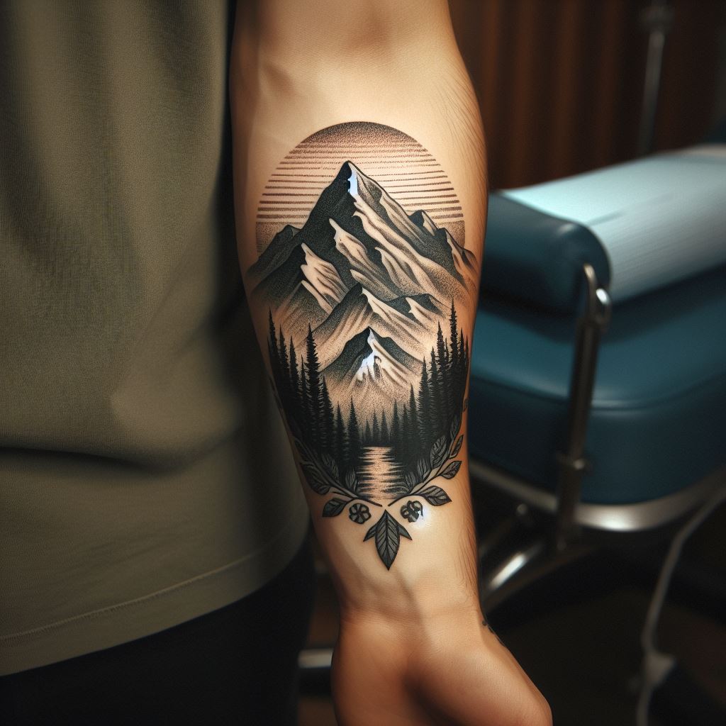 A serene, mountain landscape tattoo on the forearm, featuring peaks, forests, and a setting sun, symbolizing adventure, tranquility, and the majesty of nature.