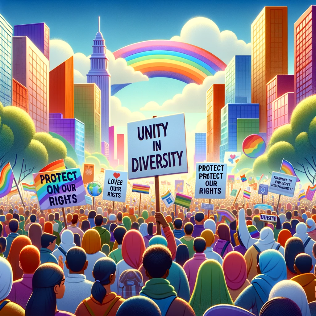 An image of a peaceful protest in a vibrant, animated cityscape. The crowd, made up of people from various backgrounds and communities, holds signs with positive messages about love, equality, and environmental protection. One prominent sign reads, "Unity in Diversity," while another says, "Protect Our Planet, Protect Our Rights." The atmosphere is optimistic and colorful, with a rainbow arching over the scene, symbolizing hope and inclusivity. The image captures the spirit of activism and community, encouraging viewers to engage in conversations about making the world a better place for everyone.