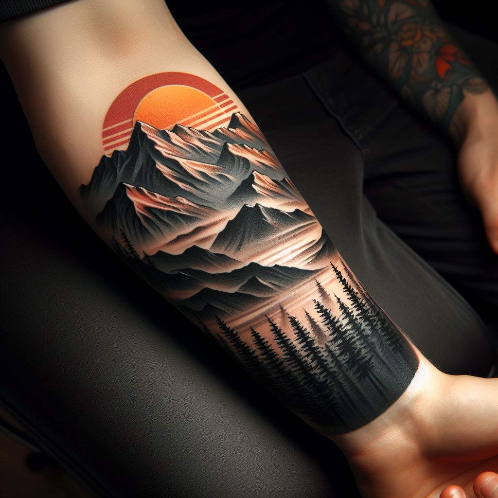 A serene, mountain landscape tattoo on the forearm, featuring peaks, forests, and a setting sun, symbolizing adventure, tranquility, and the majesty of nature.