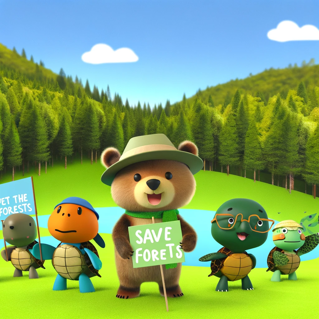 A playful image of a group of animals standing together on a grassy field, each holding a banner or sign advocating for environmental conservation. A bear holds a sign saying, "Save the forests," a turtle with a sign reads, "Protect our oceans," and a bird carries a banner stating, "Clean air for all." The animals are cartoonishly humanized, wearing hats or scarves, and smiling, creating a friendly and approachable vibe. The background features a lush, green landscape with trees and a clear blue sky, reinforcing the message of preserving nature for future generations. This image is both cute and impactful, aiming to raise awareness about environmental issues in an accessible way.
