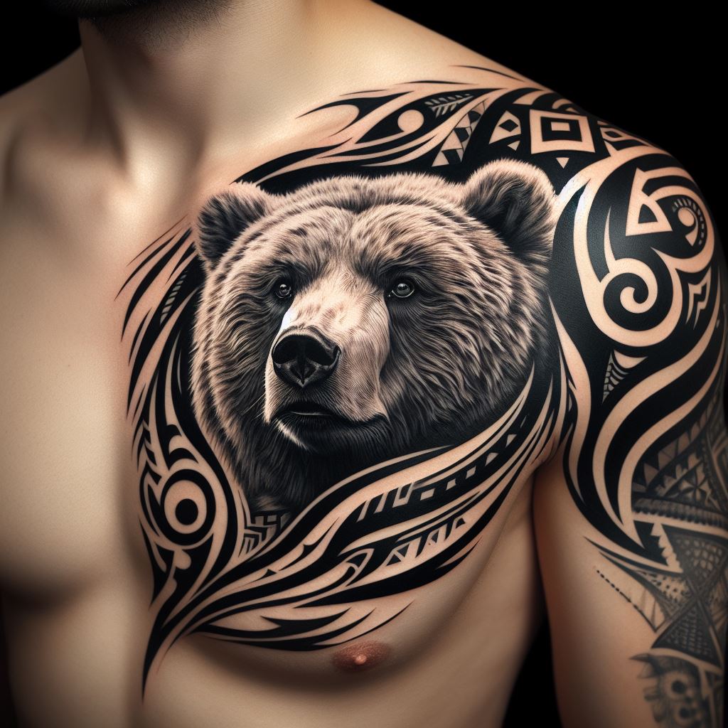 A tattoo that starts on the chest, with a bear's face at the center, its gaze piercing. From the bear's head, tribal patterns flow over the shoulder and down the arm, symbolizing the bear's spiritual significance and its role as a guardian. This design blends realism with abstract art, creating a striking contrast that highlights the wearer's courage and leadership qualities.