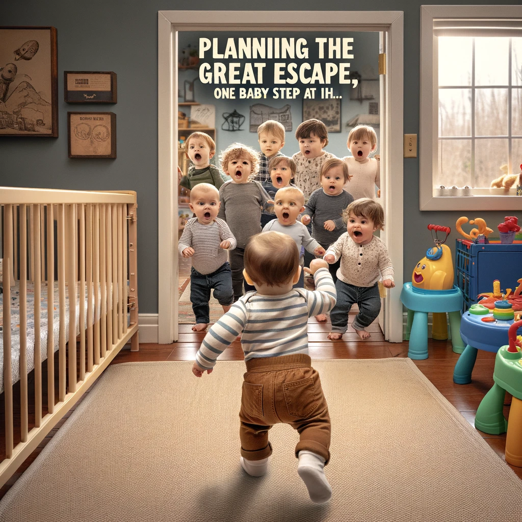 An adventurous scene of a baby leading a group of toddlers towards an open door or out of a playpen, looking like a tiny leader on a mission. The baby is at the front, gesturing forward with determination, while the other toddlers look on with excitement and anticipation. The room is filled with toys and play equipment, but the focus is on the escape attempt. Below this scene, the caption in a playful font reads: 'Planning the great escape, one baby step at a time.' The image captures the spirit of adventure and leadership among the youngest adventurers.
