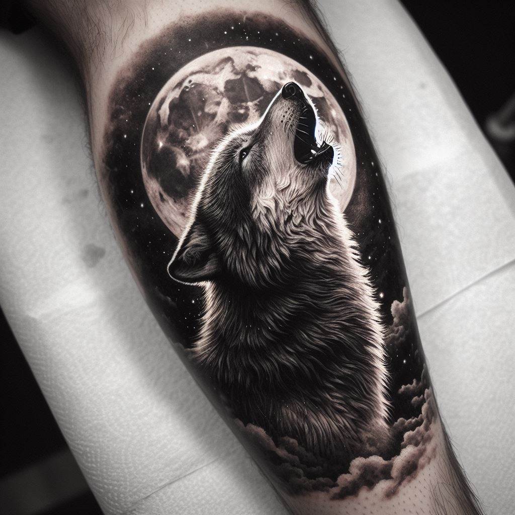A detailed black and grey tattoo of a wolf howling at the moon, inked on the calf, showcasing intricate fur textures and moonlight shadows.