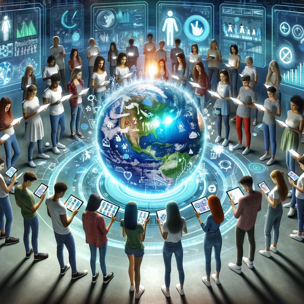 A futuristic illustration showing a diverse group of young people, each holding a digital tablet that displays different social justice themes such as equality, climate change, and peace. They are standing together in a circle, symbolizing unity and collaboration, with a holographic globe in the center that they are all touching. The setting is a high-tech room with screens on the walls showing various parts of the world and data about social issues. The image conveys a message of hope and the power of technology to bring people together to solve global challenges. It's a blend of modernity, diversity, and activism, aiming to inspire action and awareness.