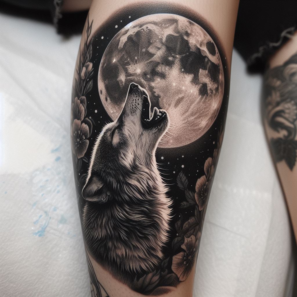 A detailed black and grey tattoo of a wolf howling at the moon, inked on the calf, showcasing intricate fur textures and moonlight shadows.
