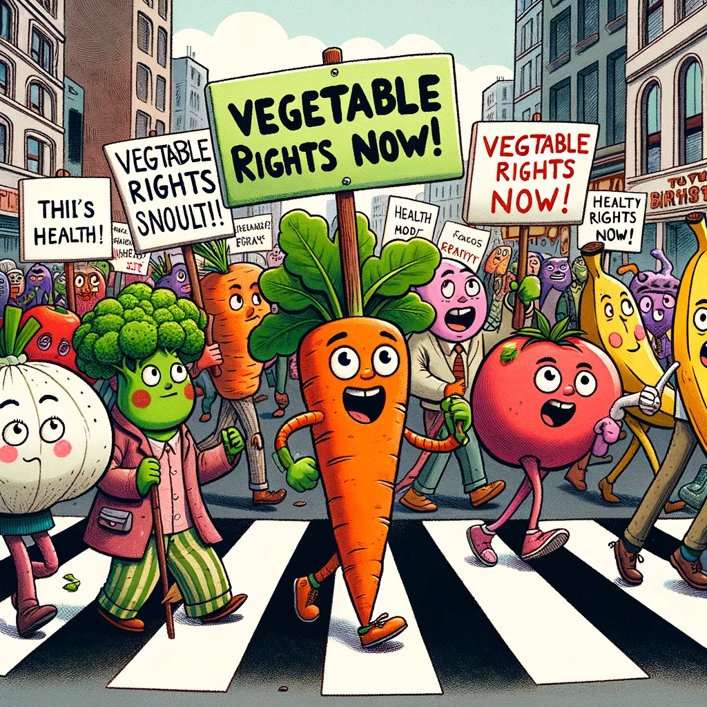 A satirical cartoon of a group of vegetables and fruits holding a protest march, with a carrot leading the charge holding a sign that reads, "Vegetable Rights Now!" Other characters, like an apple, a banana, and a tomato, follow behind with their own signs advocating for health and sustainability. The scene is set in a bustling city street but drawn in a lighthearted and humorous style. The illustration pokes fun at activism by anthropomorphizing food, while also subtly encouraging viewers to think about healthy eating and environmental sustainability. The image is colorful, engaging, and filled with playful details to explore.